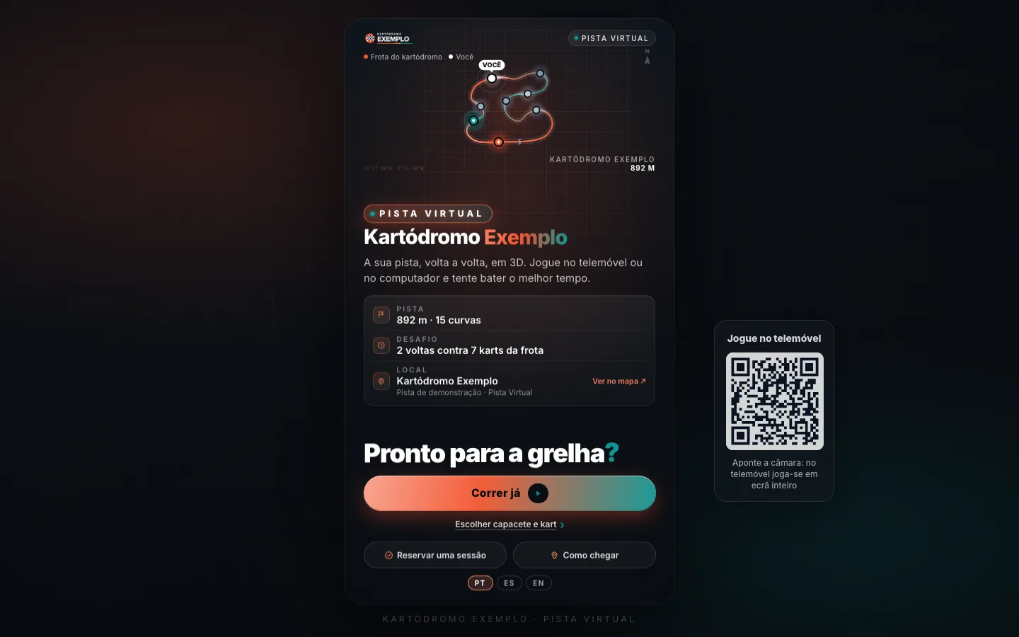 The game's start screen with the track map and a QR code to play on a phone