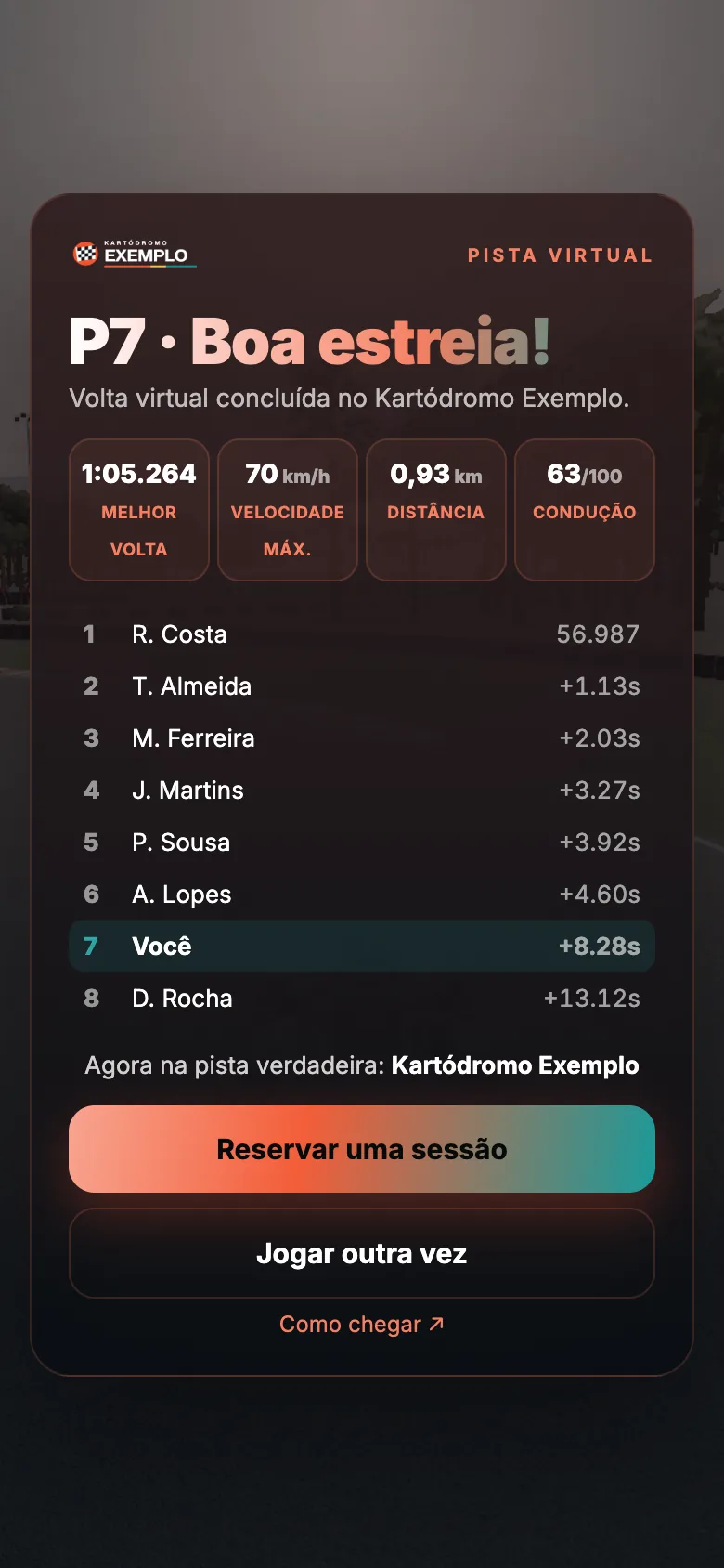 Race results with the best lap and the button to book a session