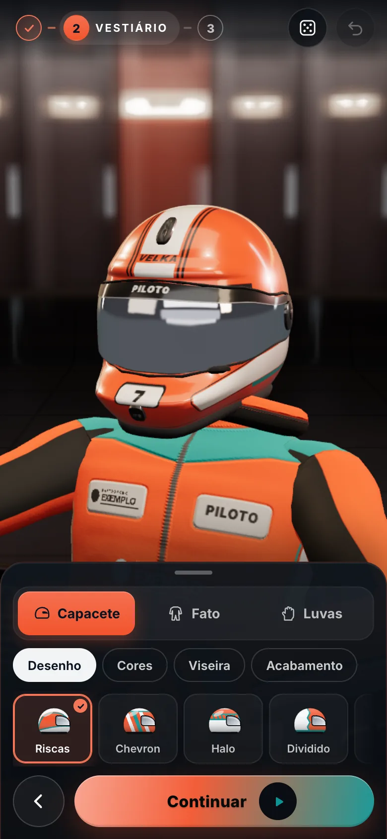 Changing room: the player picks the helmet, race suit and gloves